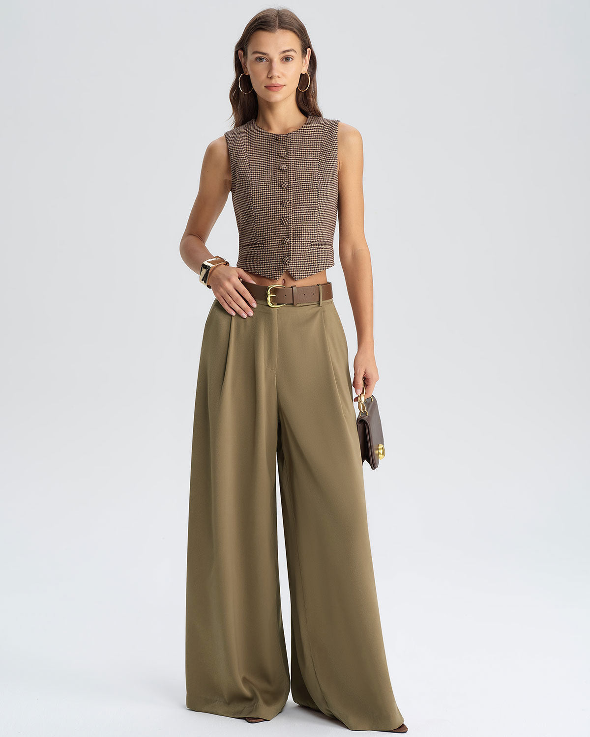 Khaki Natural Waisted Wide Leg Casual Pants