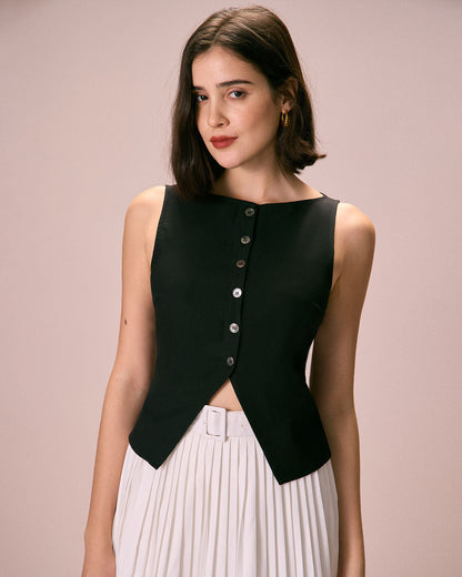 The Black Boat Neck Button Tank Top