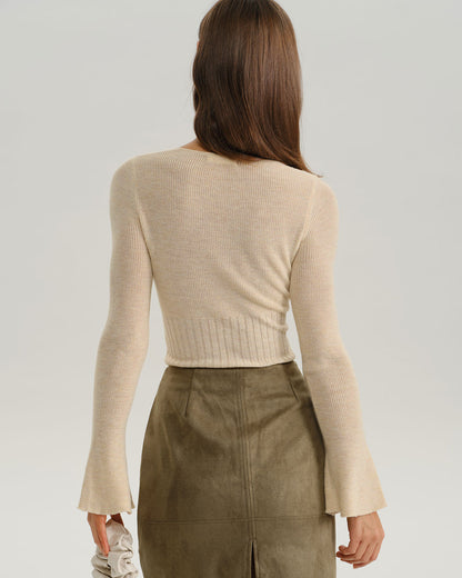 Apricot Bell Sleeve Ribbed Knit Tee