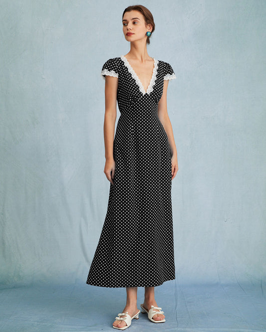 Black Polka Dot Lace Trim Maxi Dress