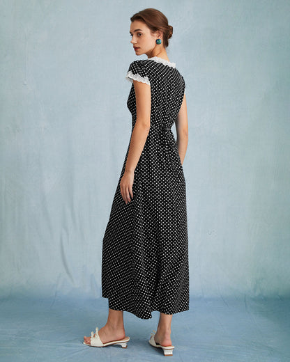 Black Polka Dot Lace Trim Maxi Dress