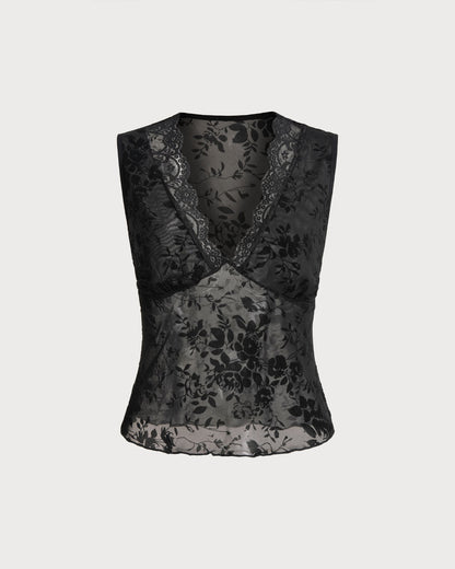 Black Lace V Neck Tank Top